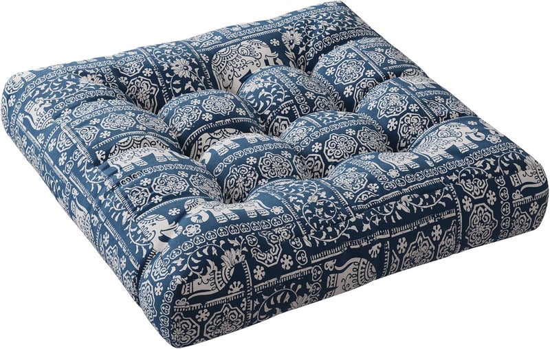CODi Meditation Floor Pillow, Square Pillows Seating for Adults and Kids, Boho Cushion for Yoga Living Room Tatami Sitting, Memory Foam Added, 22x22 Inch, Indigo Elephant - Image 1